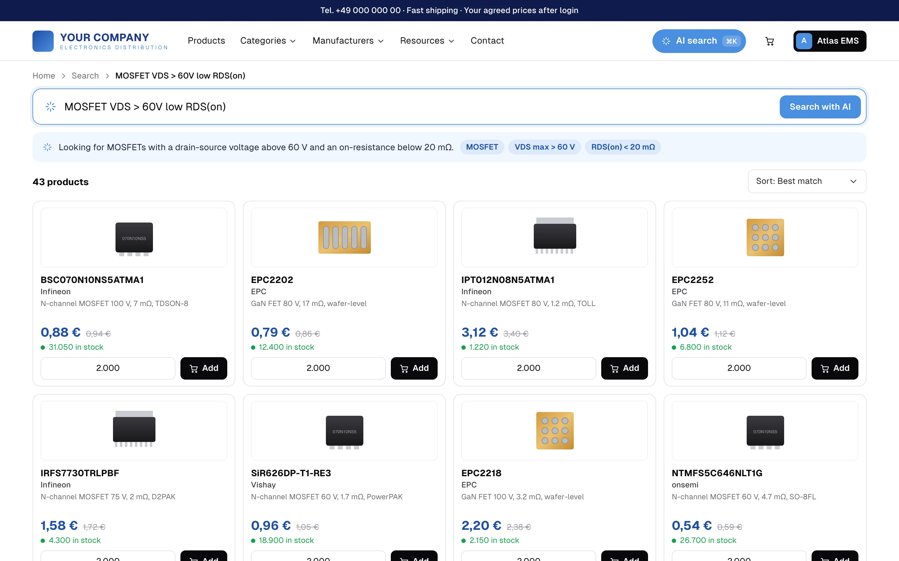 AI search in your webshop in the Distrify app, with demo data